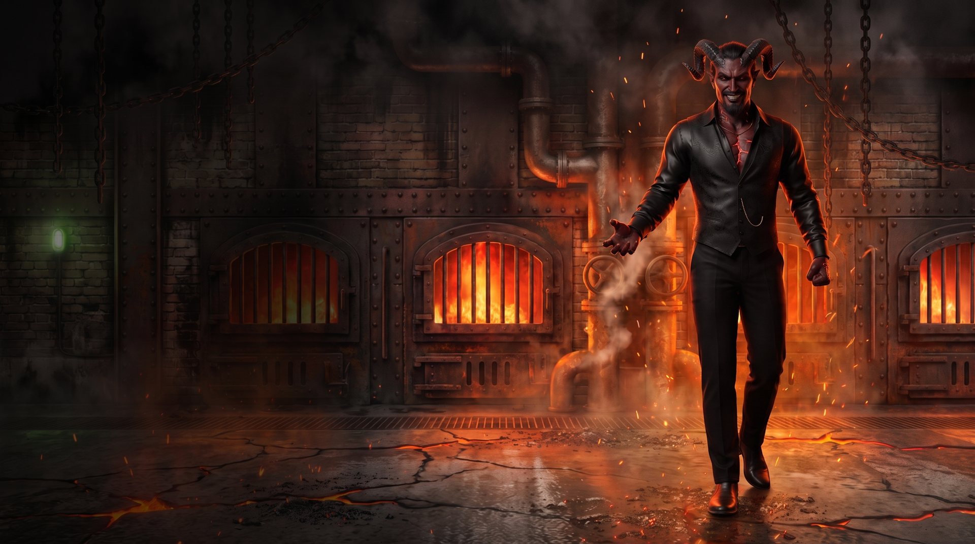 Concept art: SATAN, horns and a black waistcoat, walking toward the camera through the glowing boiler room of THE FURNACE