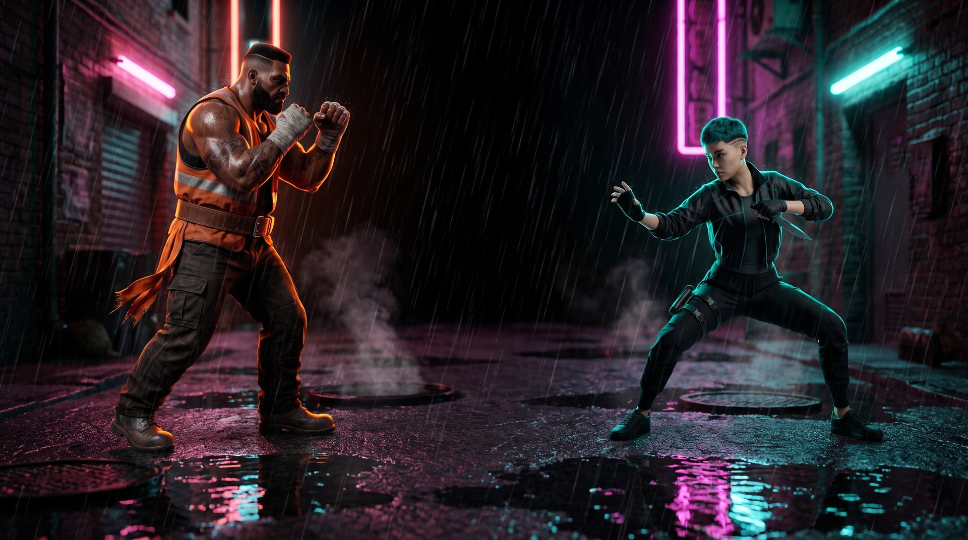 BRICK and SWITCH square up in a rain-soaked alley under magenta and cyan neon: the game's title art
