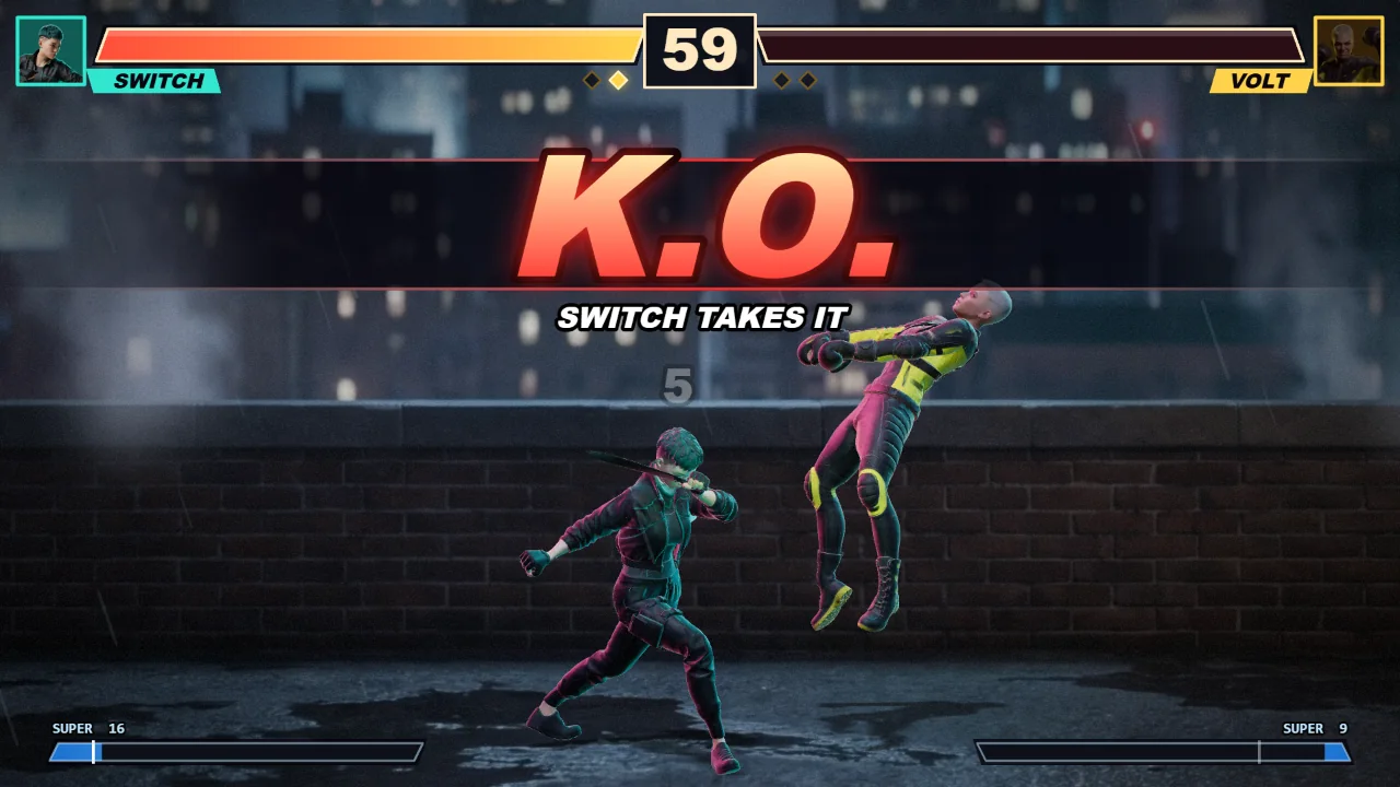 VOLT flies backward on the ROOFTOP under a giant K.O. banner as SWITCH lands the last hit